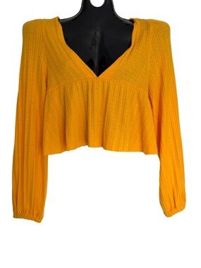 Urban Outfitters Mustard Yellow Cropped V Neck Long Sleeve Top Boho Casual